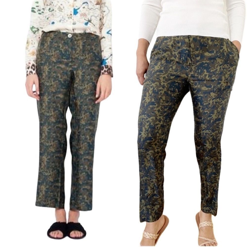 La Prestic Ouiston Silk Printed Green Pants Women Size 1 6 Camouflage Camo Paris